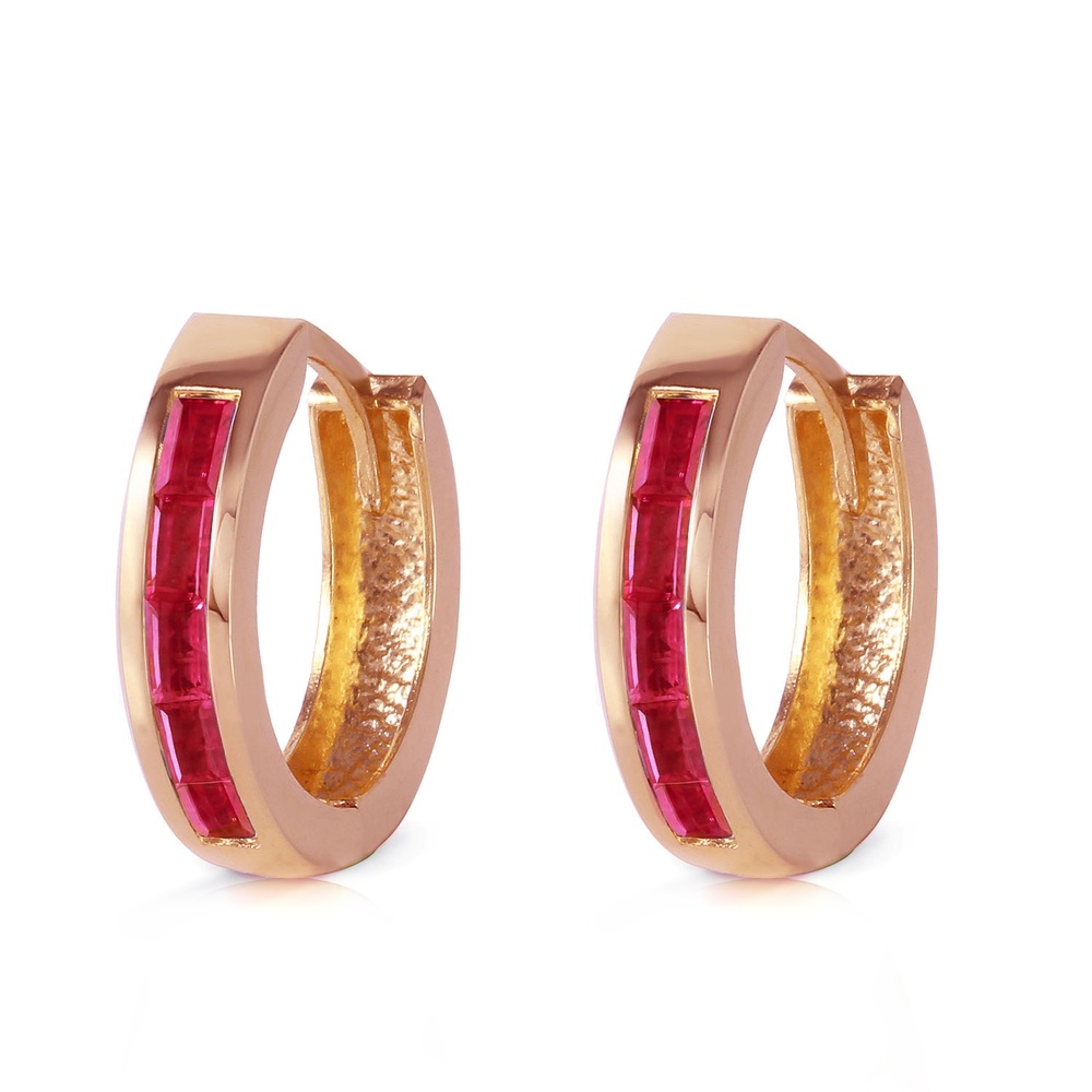 14K. SOLID GOLD HOOP HUGGIE EARRING WITH NATURAL RUBIES (Rose Gold)